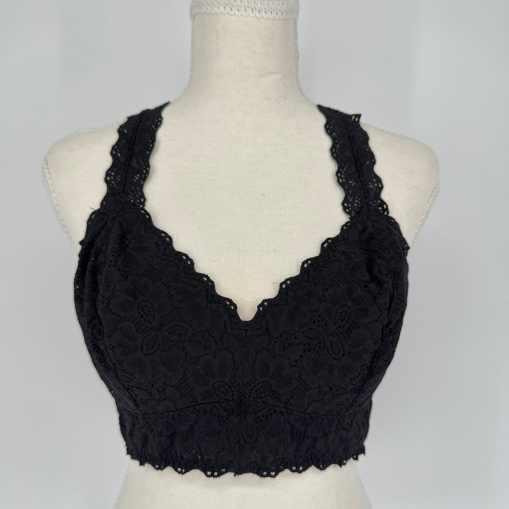 Felina Bralette Sz L Black Lace Racerback V Neck Coquette Goth Boho Festival Top